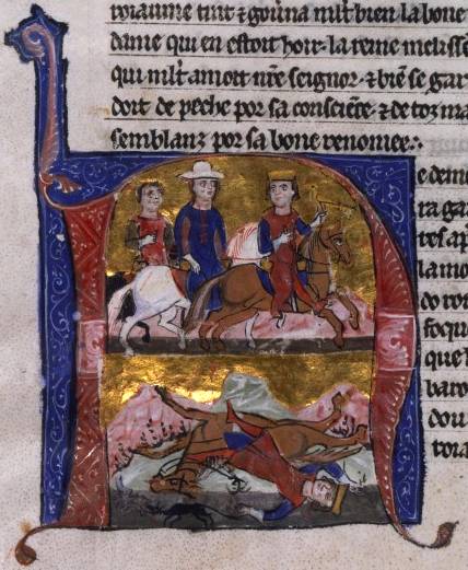 The death of Fulk, as depicted in MS of William of Tyre's Historia and Old French Continuation, painted in Acre, 13C. Bib. Nat. Française.)
